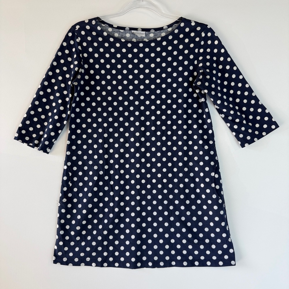 Marimekko Tunic Top Women XS Navy Blue Polka Dot 3/4 Sleeve Cotton Finland